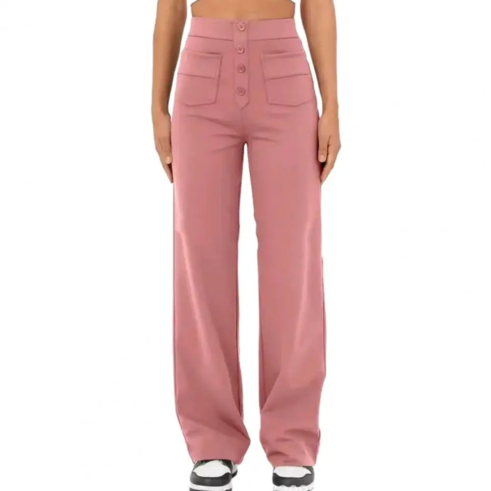 Elastic Buttoned Waist Pants High Waist Wide Leg Women's Pants with Button Closure Elastic Pockets Casual Solid Color for Lady