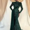 Emerald Green Velour Sequins Evening Dresses Elegant 2023 Long Sleeves Mermaid Formal Prom Gowns Dubai For Women Party Dress