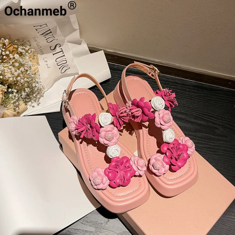 Ochanmeb Women Genuine Leather Flat Sandals Platforms Buckle Flower Luxury Shoes For Woman Summer Beach Casual Sandal Pink Girls