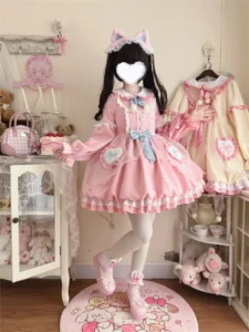 KIMOKOKM Kawaii Lolita Ruffles Full Sleeve Dress Sweetheart Peter Pan Collar Cosplay Princess Bow Vitality Girly Loli Mini Dress - Image 2