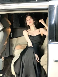 French Style Women Midi Dresses 2023 Summer Spaghetti Strap Elegant Party Female Clothes Wedding Bridesmaid Black Satin Dress - Image 4