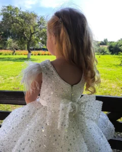 2024 New White Flower Gir Dress Glitter Beads with Feather Bow Evening Party Fluffy Skirt Ball Gown Communion Kid Toddler TUTU - Image 6