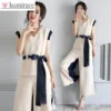 2024 Summer Korean Version New Temperament Fashion V-neck Sleeveless Top Wide Leg Color Matching Two Piece Women's Pants Set - Image 2