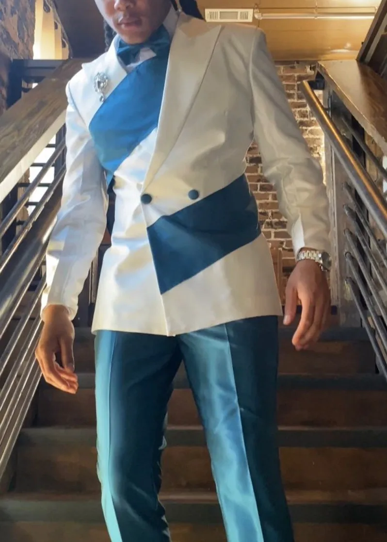 Double Breasted Men Suits Ivory and Blue Groom Tuxedos Peak Lapel Groomsmen 2 Pieces Set ( Jacket Pants Bow Tie) D461