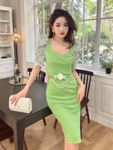 Summer Women Midi Dress Sweet Elegant Girly Floral Appliques Puff Sleeve 3D Flower Belt Bag Hip Slit Gown Mujer Party Vestidos - Image 3