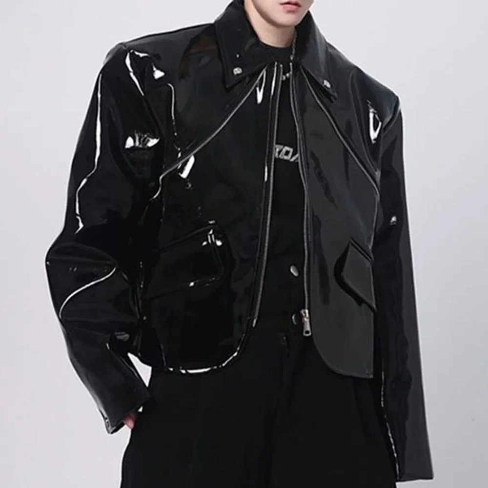 Mens Jacket Shiny Leather Jacket Handsome Performance Stage Outfit Autumn Elegant British Excellent Patent Leather Jacket