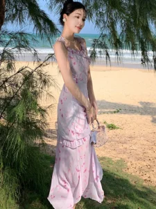 Summer Pink Chiffon Print Chic Ruffled Sling Long Dress Women Elegant Beach Style Casual Dress 2024 Korean Fashion Bodycon Dress - Image 5