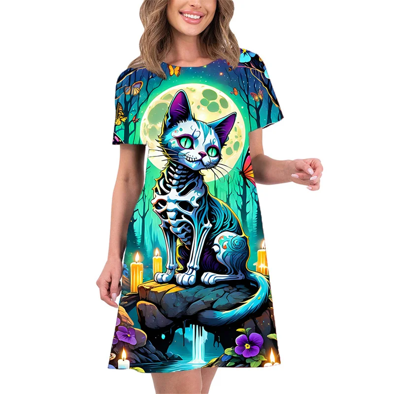 Short Sleeve Summer Women Clothing Abstract Bone Cat 3D Print Women Dress New 2024 Large Size Loose Casual A-line Dress