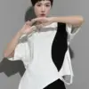 [EAM] Women White Color-block Irregular Big Size T-shirt New Round Neck Half Sleeve Fashion Tide Spring Summer 2024