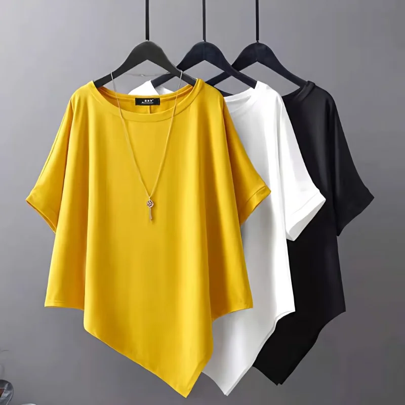 Summer New Irregular Loose All-match T Shirts Short Sleeve O-neck Solid Color Vintage Tops Street Casual Trend Women Clothing