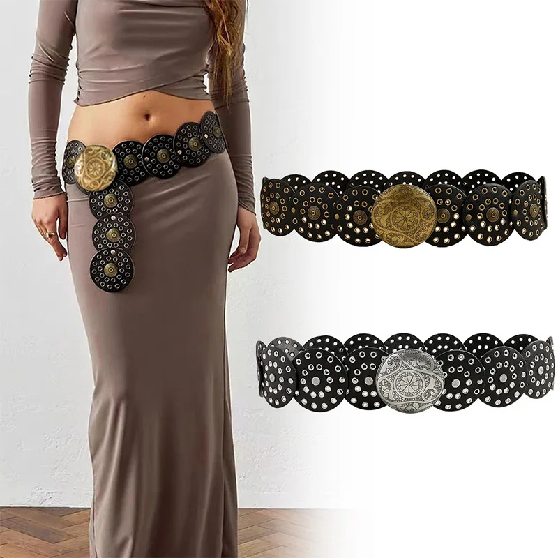 Fashion Exaggerated Metal Round Hollow Belt Women Y2K Chic Vintage Cowboy Wide Disc Buckle Belts Western Style Party Vacation