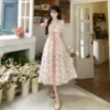 Korean Fashion Summer 2023 Chiffon Lace Fairy Dress Retro Square Neck Crushed Flowers Princess Sleeve High Waist Sweet Dress - Image 4