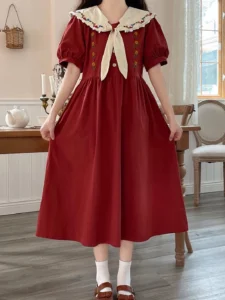Preppy Style Red Fairy Girly Elegant Dresses Women Japanese Style Sailor Collar Tid Floral Embroidery Short Sleeve Woman Dresses - Image 4