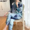 ALSEY Miyake Loose High Printing Two Piece Set Fall Spring Summer New Pleated Plus size Korean long sleeve top Simple Trousers - Image 2