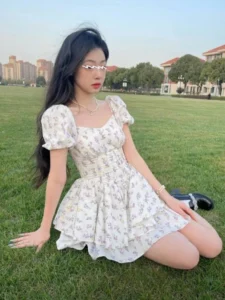 High Waist Dress Women Summer Floral Sweet Square Collar Puff Sleeve Princess Girlish Tender Elegant Korean Style Preppy Chic - Image 2