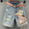 New Summer Women's Jeans Korean Fashion Hole Ripped Beading Vintage Printed Knee Length Denim Pants Y2K High Street
