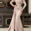 Elegant Light Champagne O-Neck Evening Dresses Arabic Dubai Pleats Formal Crystal Beaded Mermaid Long Sleeves Porm Dresses
