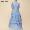 LD LINDA DELLA Summer New Style Elegant Party Dress Women's Blue Round Neck High Waist Cascading Ruffle Splice Lace Long Dress
