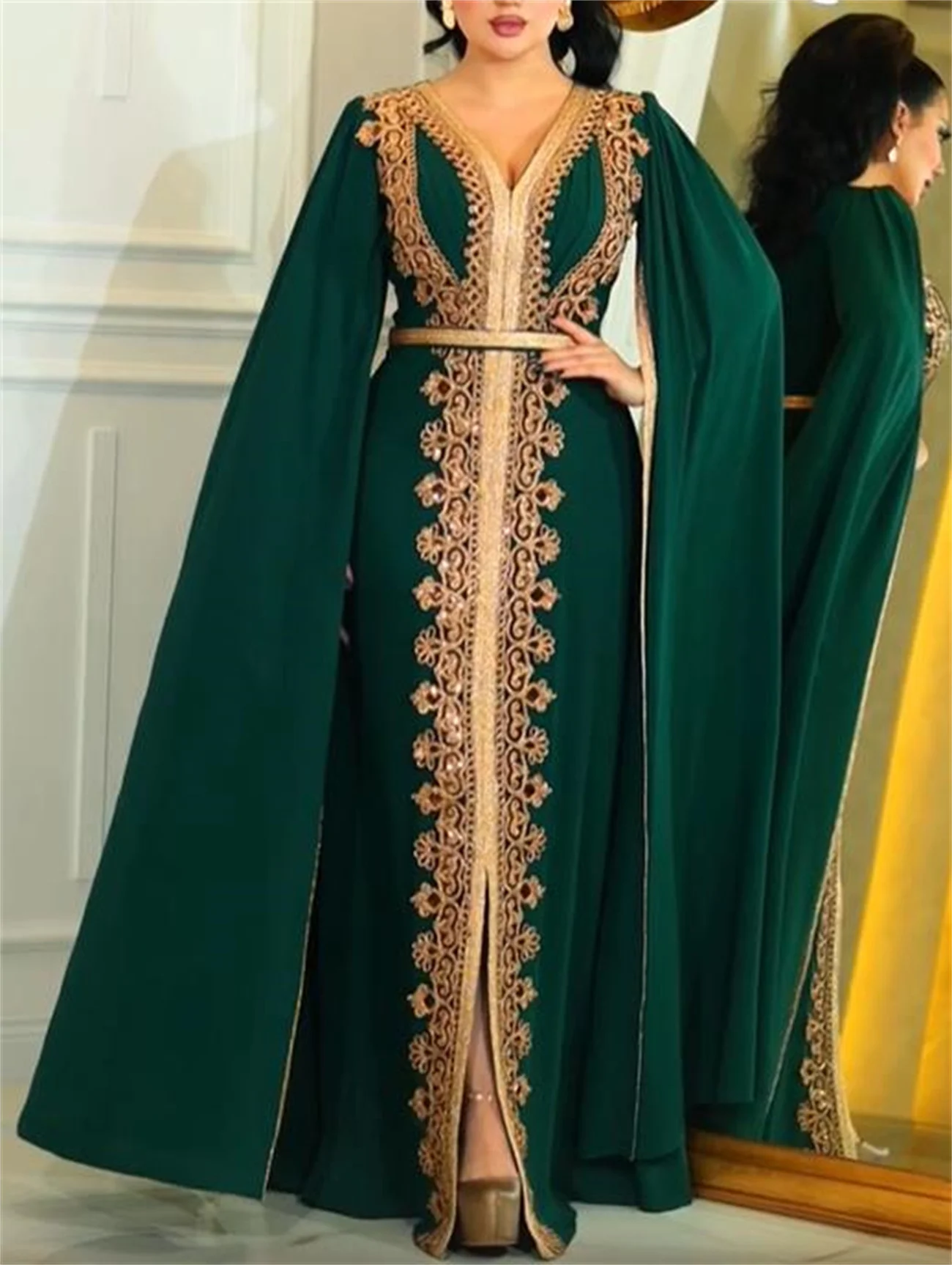 Luxury Evening Dress Green V Neck Cape Sleeve Split To Floor Lace Applique Muslim Kaftan Elegant Party Dresses For Women 2023
