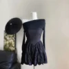 Tingfly Women Sexy Slash Neck Casual Chic Mini Short Dress Lady Summer Fashion Solid Black Color Y2K Dress for Skinny Lady Gir - Image 5