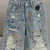 Fashion Diamond Studded Beaded High Waist Loose Denim Shorts Women 2023 Summer Versatile Holes Knee Length Streetwear Pants Tide