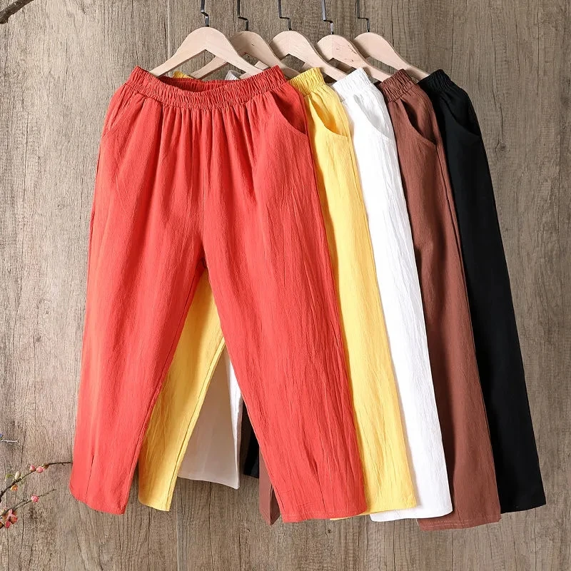 Fashion Cotton Linen Harem Pants Women Summer Loose 4XL Solid Color Pants High Waist Elastic Female Ankle-length Pants