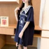 Blue Cotton Bear Print T Shirt Summer Korean Women Kawaii Loose Tops Hip Hop Oversized Ulzzang Sailor Collar Tshirt Streetwear - Image 6