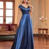 XUIBOL Luxury V-Neck Satin Blue Sexy Deep Vneck Evening Dress For Women Elegant Split Wedding Party Long Prom Cocktail Dreses