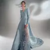 Elegant Blue A Line Satin V-neck Long Sleeve Tulle 3D Floral Decal Sexy Side Slit Prom Party Fashionista Luxury Evening Dress