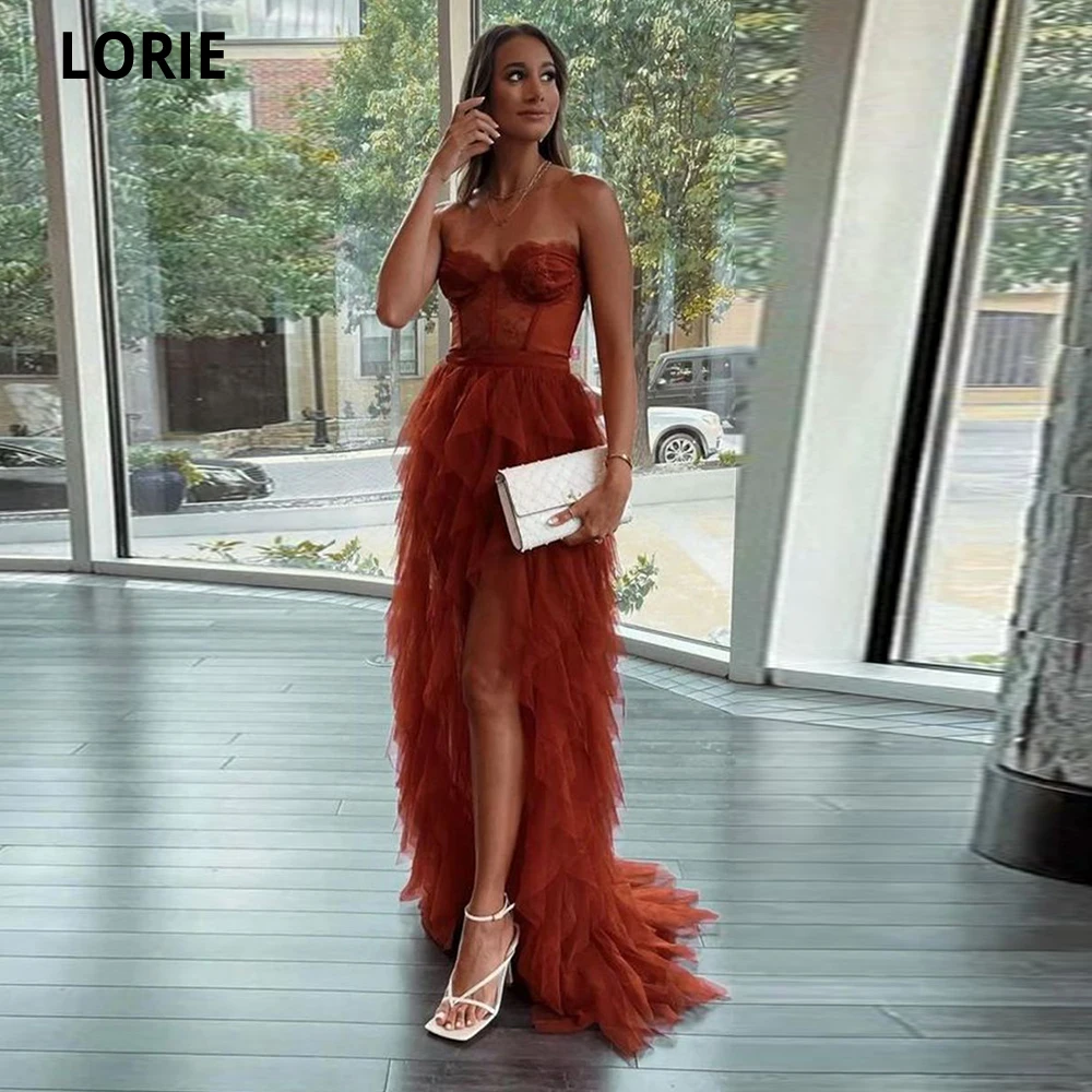 LORIE Sweetheart Tulle Brown Evening Dresses Charming Lace Ruffles Leg Slit Prom Dress Formal Celebrity Prom Gowns Party Dresses