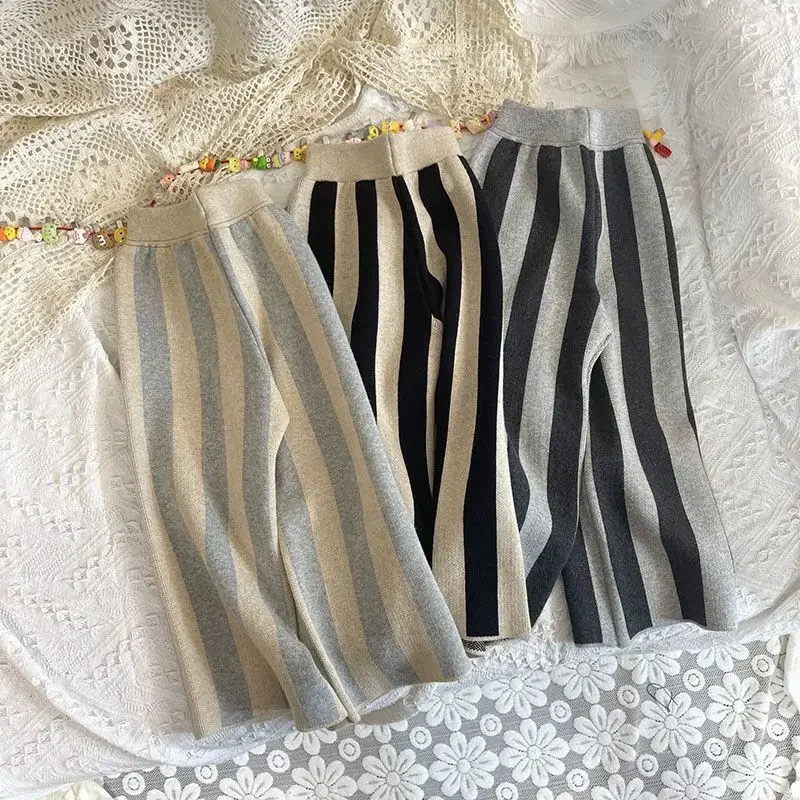 Kids Girls Striped Wide Leg Pants 2022 New Arrval Children Sewater Pants Autumn Winter Clothing Korean Style Cotton Trousers