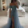Sexy Off The Shoulder Prom Dresses 2023 A Line Sweetheart Appliques Flower Decal Tulle Floor Length Formal Party Evening Gowns