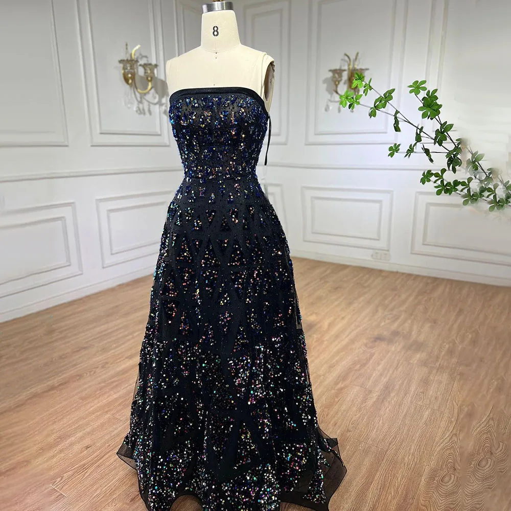 Serene Hill Black A-Line Elegant Evening Dress 2024 Off The Shoulder Luxury Beaded Sequins For Women Party