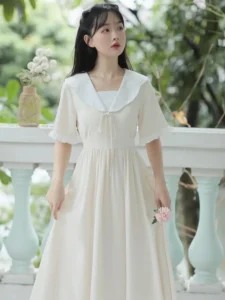 Japanese Mori Girly Preppy Style Lolita Fairy Women Dress Elegant Summer Sailor Collar Bow Waist Short Sleeve Mid-Calf Dresses - Image 3