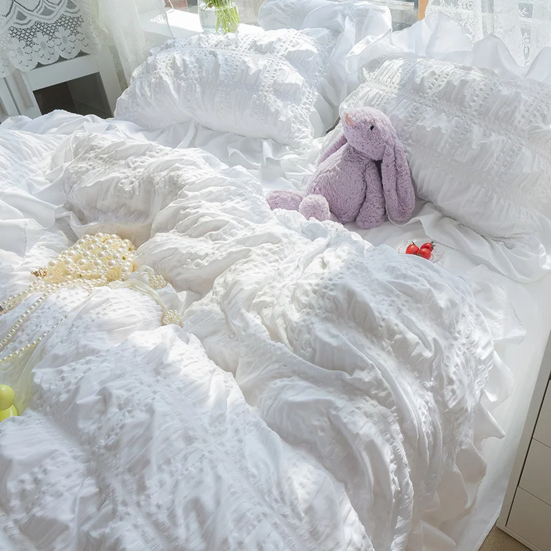White Ruffled Seersucker Duvet Cover Set for Girls, Soft Princess Bedding Set with Bed Sheet, Pillowcases, 3 Pcs, 4Pcs