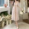 Korean Fashion Summer 2023 Chiffon Lace Fairy Dress Retro Square Neck Crushed Flowers Princess Sleeve High Waist Sweet Dress - Image 5