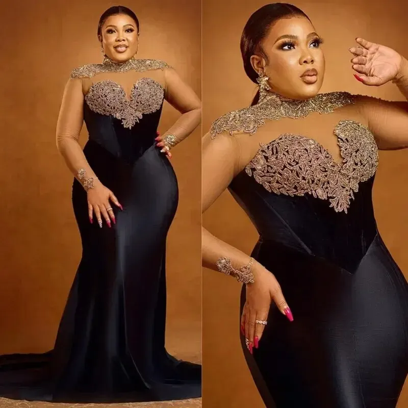 African Black Mermaid Evening Dresses Gold Lace Applique High Neck Invisible Long Sleeves Sexy Prom Party Ladies Formal Gowns