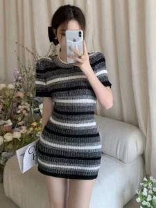 Summer New Korean Stripe Casual Dress Women Knitted Short Sleeve Chic Spicy Girl Slim Fit Dress Vestidos - Image 5