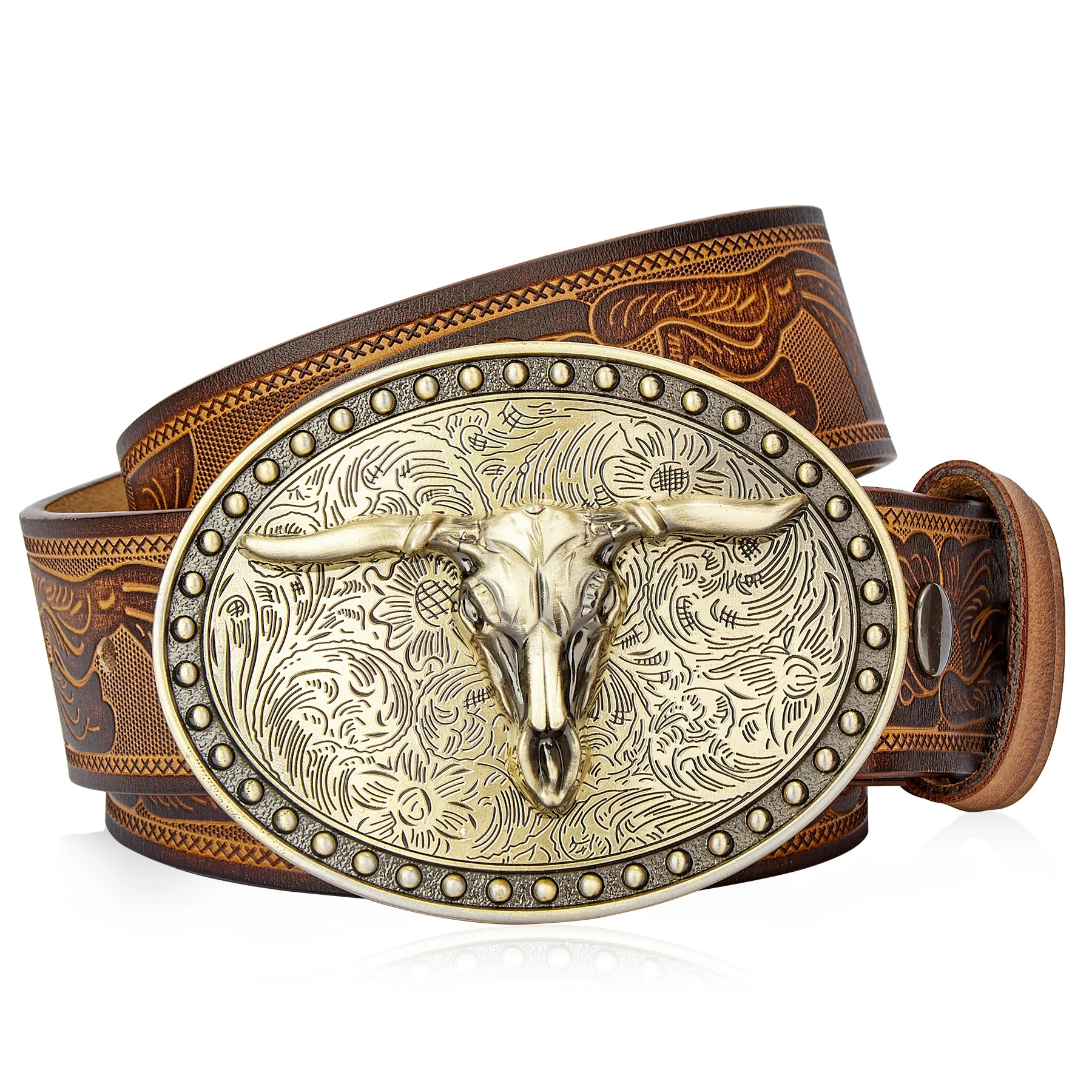 Men's Western Embossed Genuine Leather Belts with Golden Cowboy Longhorn Bull Buckle Belt Business Waist Straps
