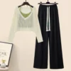 2024 Spring Summer Women Green Clothing Outfits Korean Lady Fashion Hollow Out Knit Tops Sling Vest High Waist Pants 3 Pcs Sets - Image 3