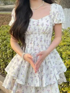 High Waist Dress Women Summer Floral Sweet Square Collar Puff Sleeve Princess Girlish Tender Elegant Korean Style Preppy Chic - Image 6