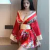 2023 Spring Women's New Japanese Style Kimono Uniform Waist retraction Bow printing Batwing Sleeve V-Neck low-cut Dress