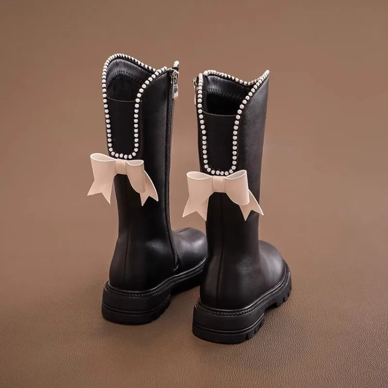 Kid Shoe Girl Soft Soled Cotton Shoe Winter Long Leather Boot Pearl Edged Princess Boot Mary Jane Bow Mid Length Boots Chaussure