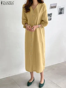 ZANZEA 2023 Autumn Women Holiday Dress 3/4 Sleeve Buttons Long Shirt Dress Loose Fashion V-Neck Midi Robe Casual Pleated Vestido - Image 3
