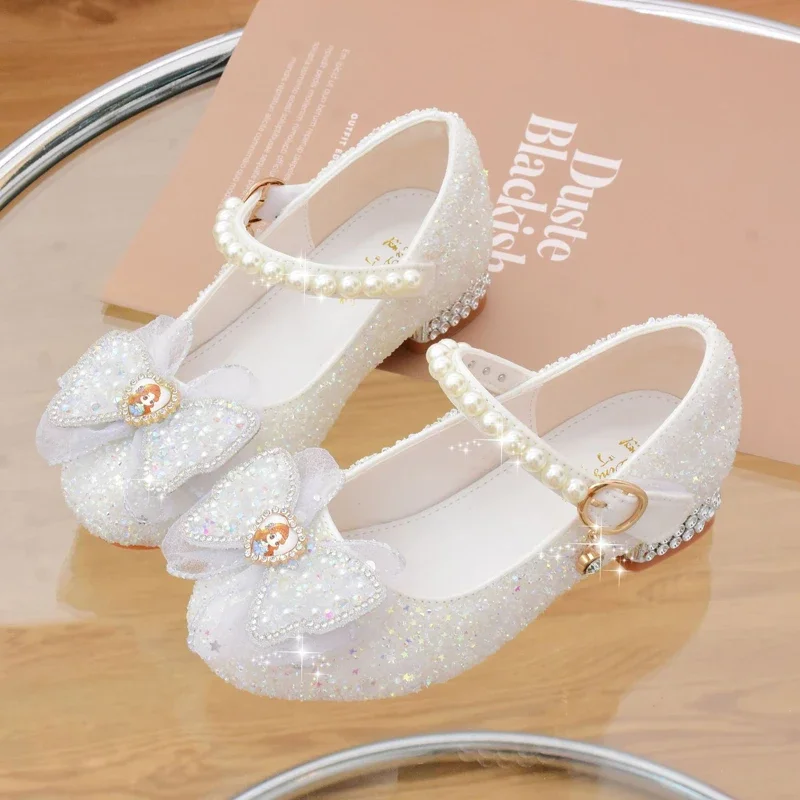 Girls' Shoes High Heels for Kids Elegant Girl Shoes Party Sequin Child Girl Heel Shoe Church First Communion White Princess Shoe