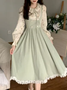 Green Elegant Vintage Strap Dress Women 2023 Spring Lace Evening Party Midi Dresses Ladies Retro Korean Sweet Kawaii Fairy Dress - Image 3