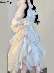 Elegant Solid Ruffles Fairy Dresses Korean Fashion Slim Wasit A Line Midi Dress Spring Summer Women Princess Party Vestidos - Image 3