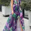 Backless Printed Sleeveless Women Dress V-Neck Lace Up Slit Pleated Nipped Waist Dresses 2024 Summer Elegant Slim Lady Robe