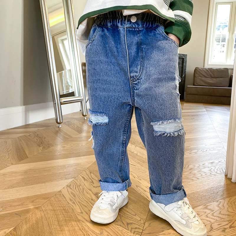 Boys Denim Pants 2023 Spring Autumn New Fashionable Jeans Korean Style Ripped Casual Simple Kids Cool Handsome Trousers