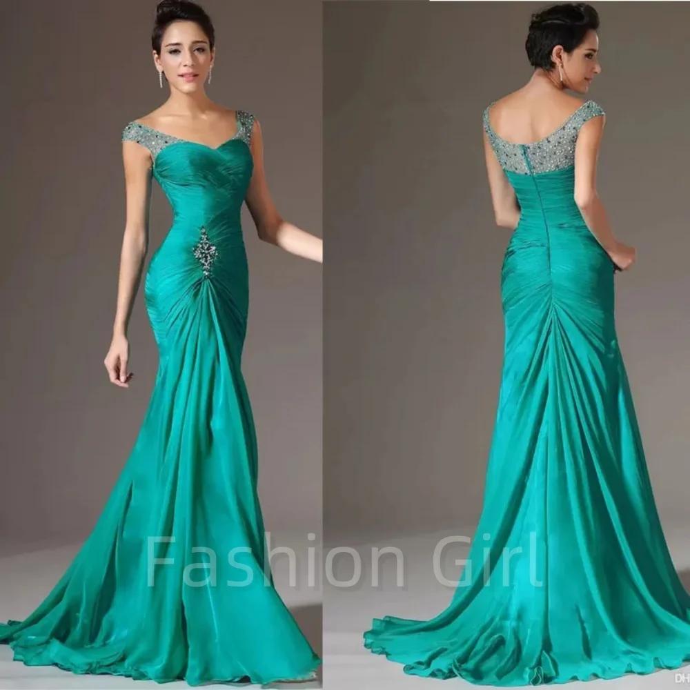 Vintage Green Sleeveless Chiffon Formal Party Gown Mermaid Reception Beaded Wear Floor Length Plus Size Evening Dress Robe